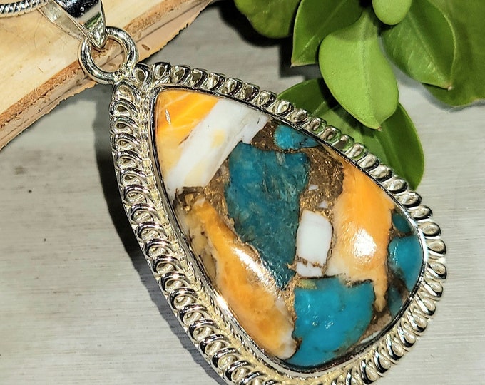 Natural AAA Spiny Oyster Turquoise Handmade .925 Sterling Silver Pendant 1 7/8" x 1" 10 grams EN03
