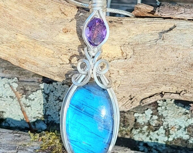 Blue Labradorite Sterling Silver Wire Wrapped Pendant, Handmade Labradorite Pendant with amethyst accent, .925 Sterling Siver GC04