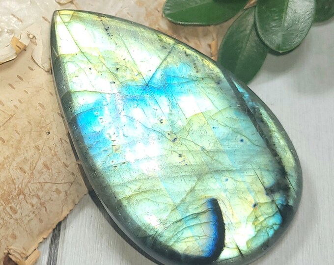 Natural Premium Bluish Green Flash Labradorite Pear Cabochon 110ct 22 Grams 53mm x 33mm Wire Wrapping, Weaving or Pendant, Collector AT27