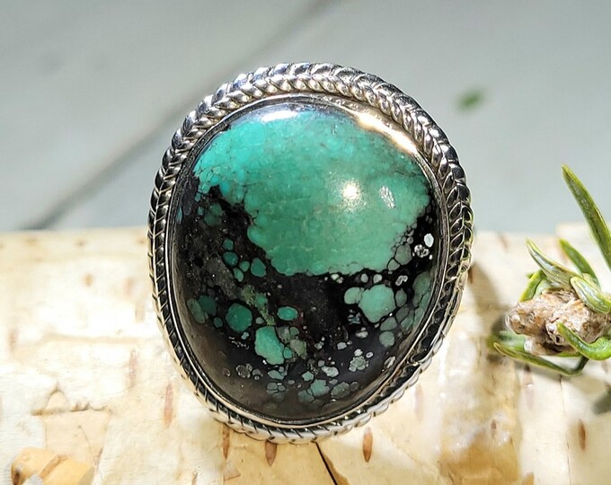 Turquoise Ring, Tibetian Turquoise Ring, Turquoise Sterling Silver Size 7, Gift for Her, Boho Ring, Statement Ring, Handmade Ring, Gift