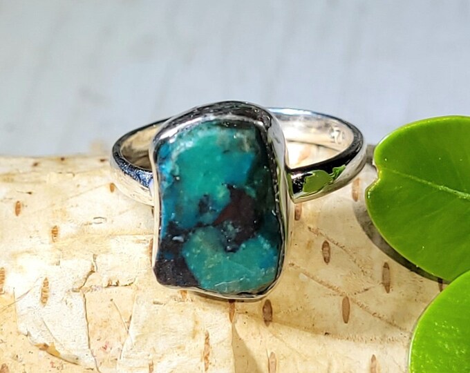 Natural Raw Rough Cut Chrysocolla Handmade .925 Sterling Silver Ring Size 6.5 4 Grams 1/2" x 3/8" CB14
