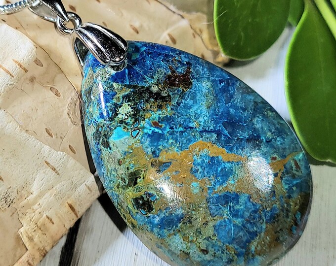 Natural High Grade Azurite Cabochon .925 Sterling Silver Pendant 1 3/4" x 7/8" 10 Grams ES06 Sterling Silver Rhodium Plated Bail