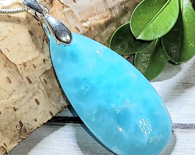 Natural Rare Hemimorphite Pear Cabochon .925 Sterling Silver Pendant 1 3/4" x 5/8" AE26 Sterling Silver Bail