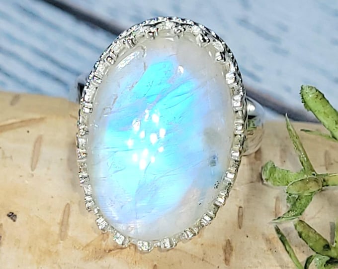 Moonstone Ring, Moonstone Sterling Silver Ring Size 6.25, Handmade Moonstone Ring, Boho Ring, Statement Ring, Gift for Her JB, "Crown Prong"