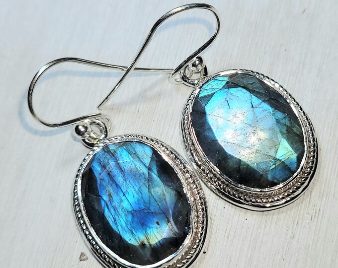 Natural High Grade Faceted Labradorite .925 Sterling Silver Earrings 8 Grams 1 3/8" x 11/16" EZ09