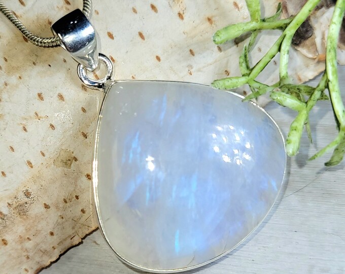 Moonstone Pendant, Rainbow Moonstone Pear Cabochon Sterling Silver Pendant, Blue Flash Moonstone, Gift for Her, Handmade Pendant, GF08