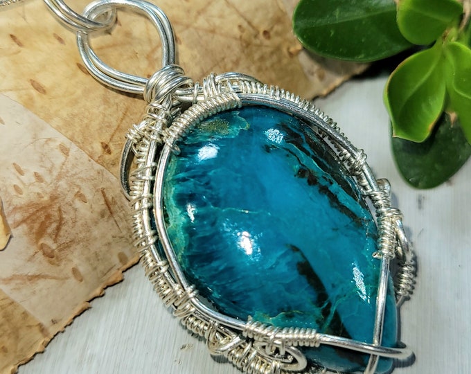 Natural High Quality Chrysocolla Hand Wrapped .925 Sterling Silver Pendant 2" x 1" 11 Grams CR02 Handmade Wrapped Solid Sterling Silver