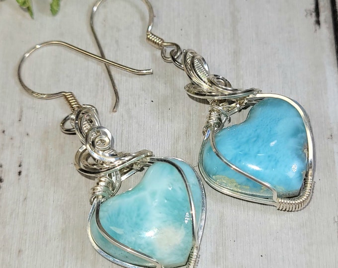 Larimar Earrings, Larimar Wire Wrapped Sterling Silver Earrings, Heart Larimar Sterling Silver Earrings, Statement Earrings, HC20
