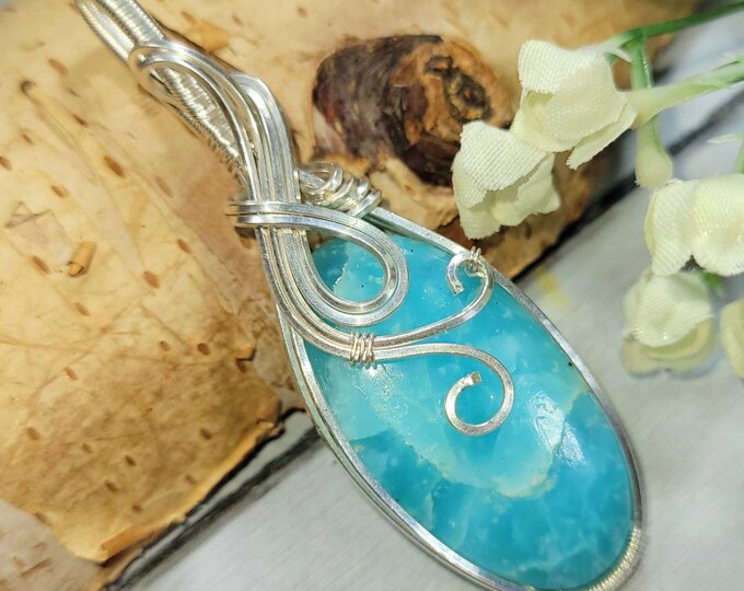Natural Premium Hemimorphite Hand Wrapped .925 Sterling Silver Pendant 2 1/2" x  7/8" 11 Grams DB37 Handmade Wrapped Solid Sterling Silver