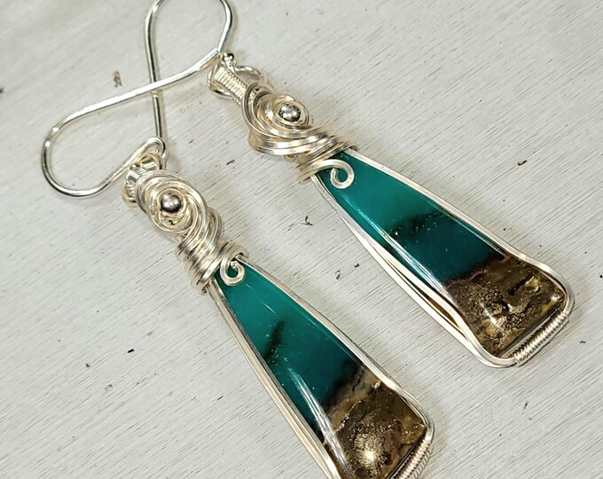 Blue Opal Earrings, Petrified Wood Earrings, Sterling Silver Wire Wrapped Opalized Earrings, Sterling Silver Blue Opal Earrings HT23