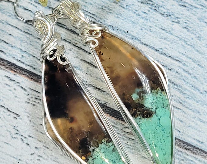 Blue Opalized Petrified Wood Earrings: Sterling Silver Wire Wrapped, JG28