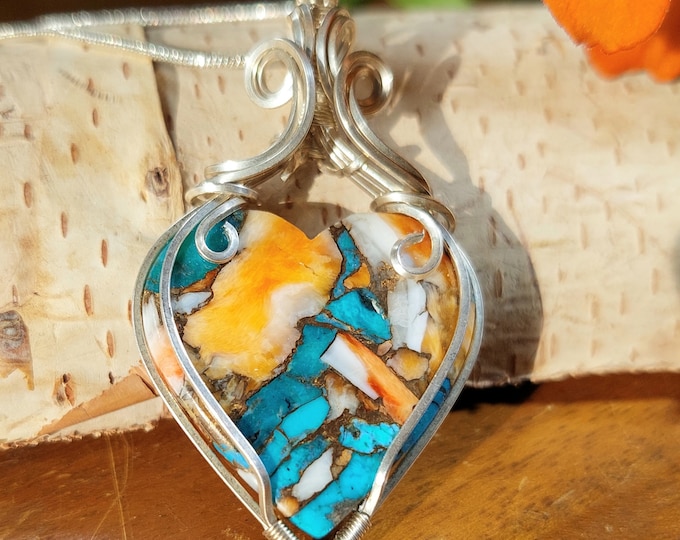 Spiny Oyster Copper Turquoise Sterling Silver Heart Pendant - Wire Wrapped Stone Jewelry
