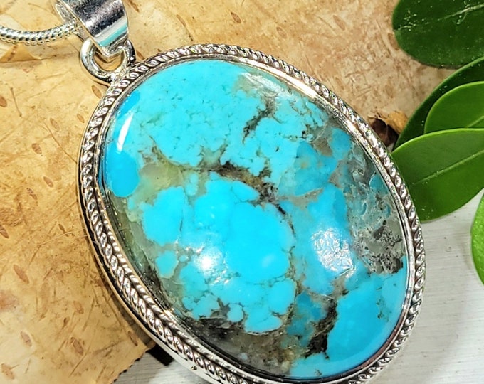 Natural High Grade Arizona Kingman Turquoise Handmade .925 Sterling Silver Pendant 1 3/4" x 1" 11 grams CE14