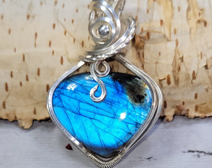Labradorite Heart Pendant, Blue Labradorite Heart Hand Wire Wrapped Sterling Silver Pendant, Sterling Silver Wire Wrapped Pendant DP21