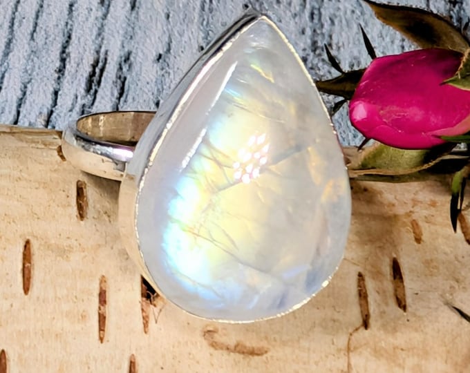 Rainbow Moonstone Sterling Silver Ring: Handmade Pear Moonstone Ring, Size 7.5; KA20