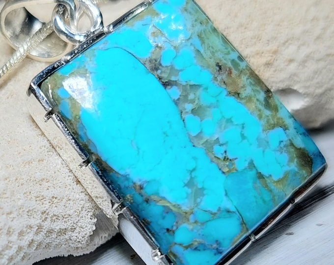 Turquoise Pendant, Sterling Silver Turquoise Pendant, Kingman Arizona Turquoise Boho Pendant, Statement Pendant GH08