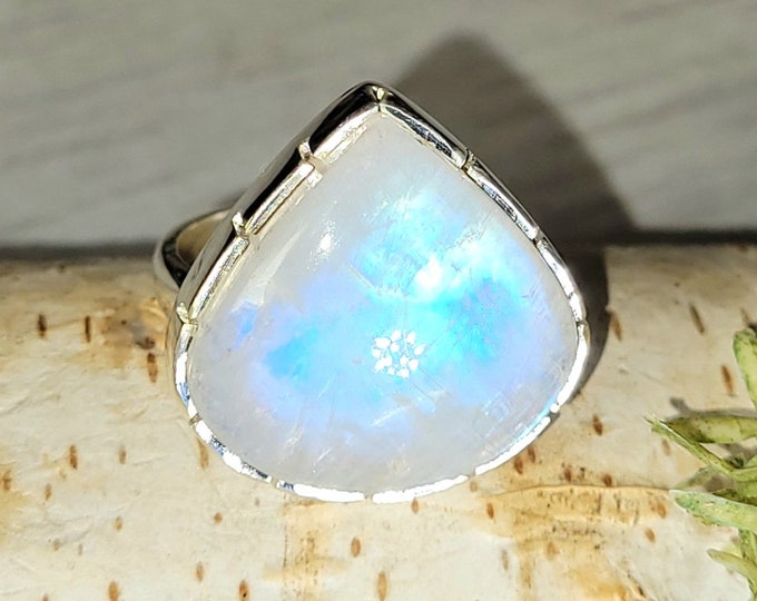 Blue Flash Moonstone Ring: Pear Sterling Silver, Size 9