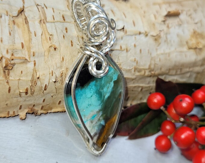 Blue Opalized Wood Pendant, Blue Opalized Wood Wire Wrapped Pendant, Petrified Wood Opal pendant, Sterling Silver Wire Wrapped Pendant DP20