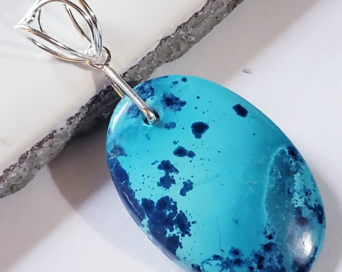 Natural Rare Shattuckite Oval Cabochon .925 Sterling Silver Pendant 2 3/8" x 1 1/8" EA28 Sterling Silver Designer Bail