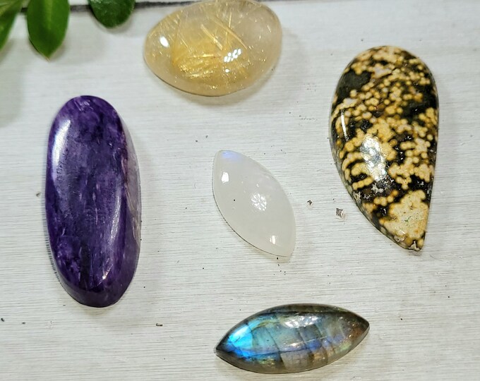 Natural Labradorite, Rutilated Quartz, Moonstone, Charoite & Ocean Jasper 85ct Cabochons Mixed Lot 5 Stone Wire Wrap, Weaving AS11