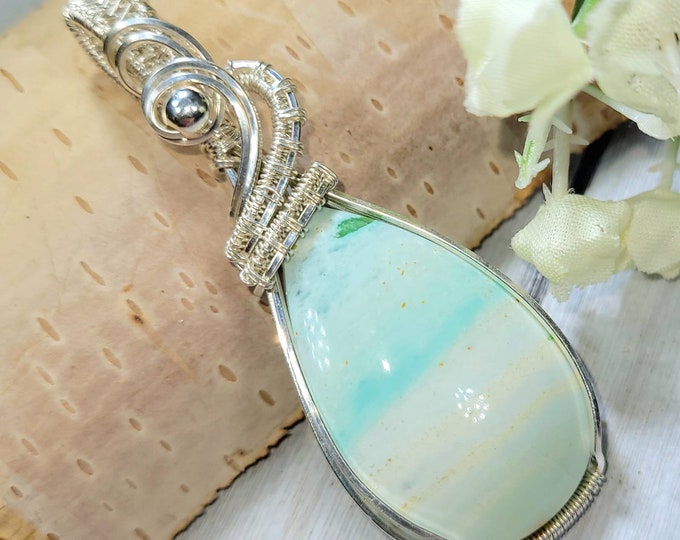 Blue Opalized Wood Pendant, Blue Opalized Wire wrapped pendant, Petrified wood opal pendant,Sterling Silver wire wrapped pendant DG27