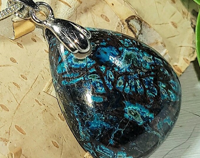 Natural High Grade Azurite Cabochon .925 Sterling Silver Pendant 1 1/4" x 3/4" ET25 Custom Fit Rhodium Plated Sterling Silver Bail