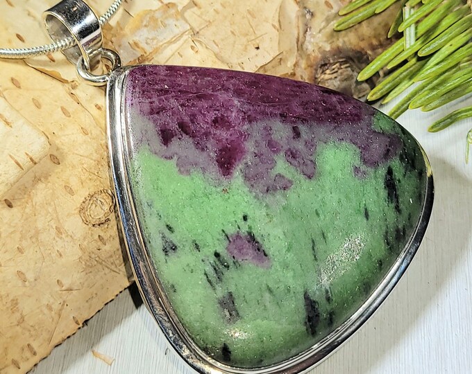 Natural High Grade Huge Ruby Zoisite Handmade .925 Sterling Silver Pendant 2 1/4" x 1 5/8" 24 Grams AL37