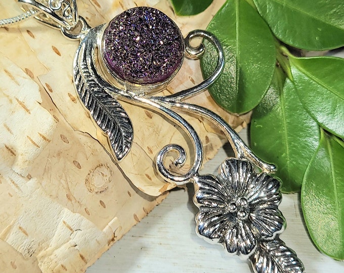 Natural Titanium Druzy Agate Flower Design .925 Sterling Silver Pendant 8 grams 2 1/4" x 1" A42