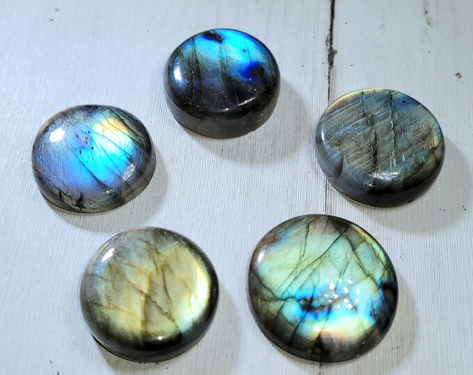 Natural Premium Grade Multi-Flash Labradorite Round Cabochons 185ct 5 Stone Lot Wire Wrapping, Weaving, Pendant or Ring AE15