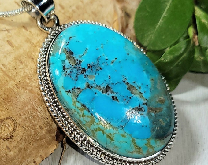 Natural Premium Grade Arizona Kingman Turquoise Oval Handmade .925 Sterling Silver Pendant 1 3/4" x 1" 11 grams CF34