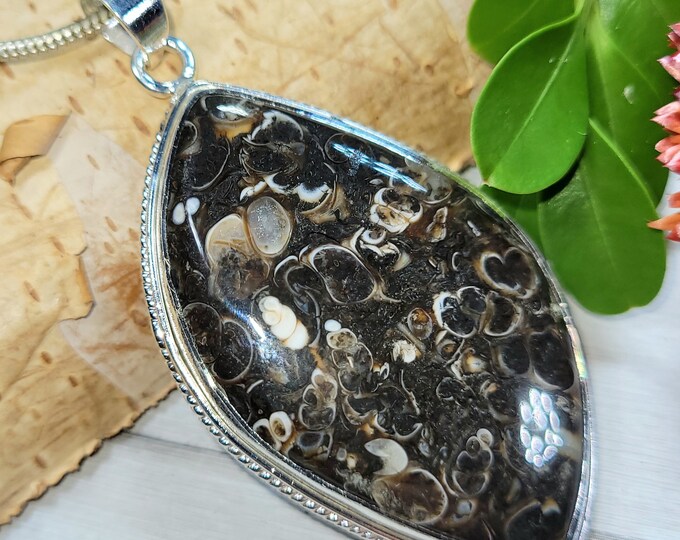 Natural High Grade Turritella Agate Handmade Freeform .925 Sterling Silver Pendant 2 1/8" x 1 1/4" 16 Grams CT02 Gift for Her