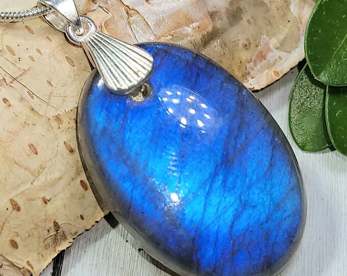 Natural High Grade Blue Flash Labradorite Oval Cabochon  .925 Sterling Silver Pendant 1 13/16" x 7/8" EA2(12) Heavy Duty Designer Bail