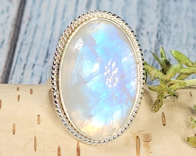 Rainbow Moonstone Ring, Moonstone Ring, Sterling Silver Moonstone Ring, Moonstone Ring Size 8.5, Statement Ring, Boho Ring, JC