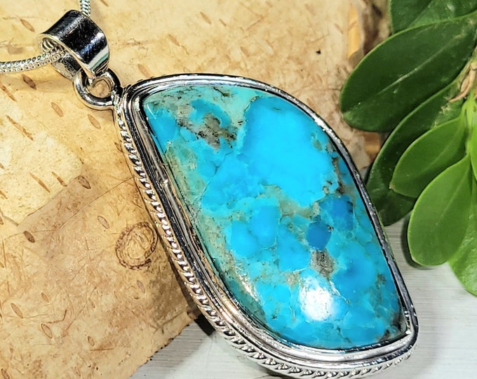 Natural Best Grade Arizona Kingman Turquoise Handmade .925 Sterling Silver Pendant 1 3/4" x 7/8" 8 grams CE37