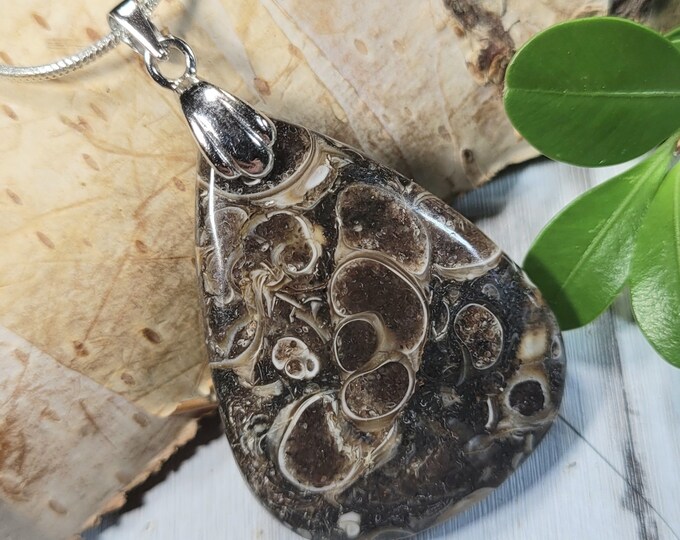 Natural Premium Turritella Jasper Pear Cabochon .925 Sterling Silver Pendant 1 7/8" x 1" CP20 Rhodium Plated Solid Sterling Silver Bail