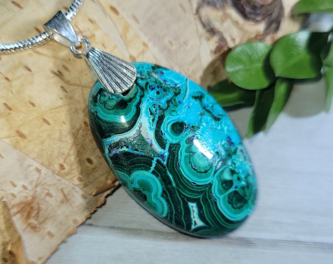 Natural High Grade Chrysocolla Malachite Cabochon Handmade .925 Sterling Silver Pendant 2" x 15/16" CL19 Sterling Silver Designer Bail