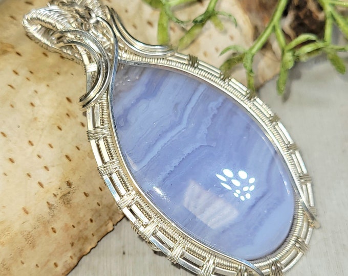 Blue Lace Agate Pendant, Wire Wrapped Blue Lace Agate Sterling Silver Pendant, Solid Sterling Wire Wrapped Pendant, Gift for Her, HH28