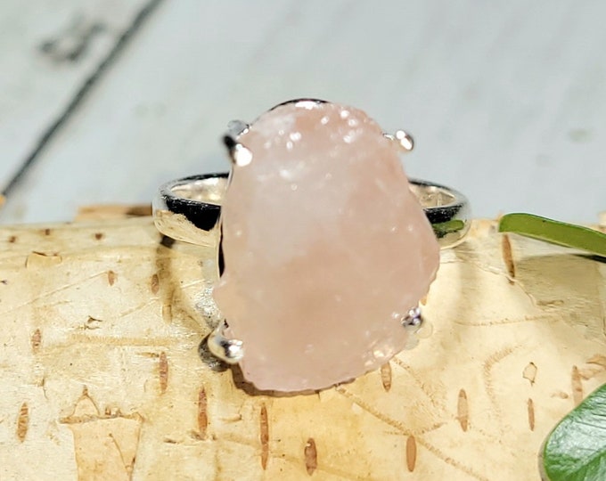 Natural High Quality Raw Rough Cut Rose Quartz Handmade .925 Sterling Silver Ring Size 6 4 Grams 5/8" x 1/2" CA03
