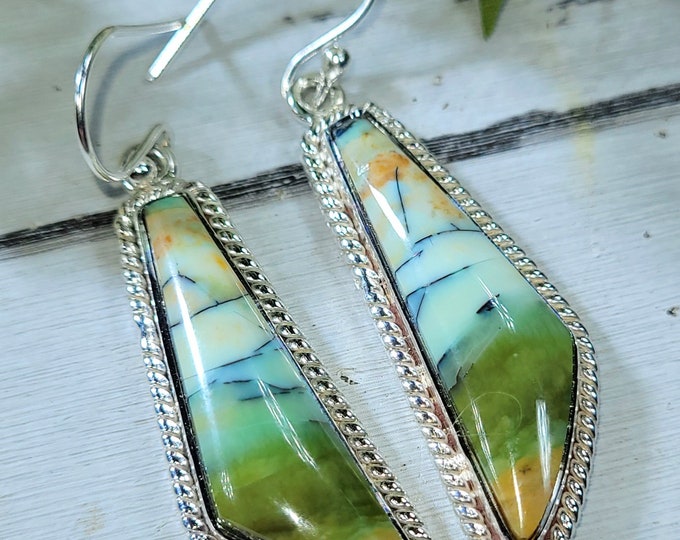 Blue Opal Earrings, Petrified Wood Earrings, .925 Sterling Silver Blue Opalized Petrified Earrings, Sterling Silver Blue Opal earrings