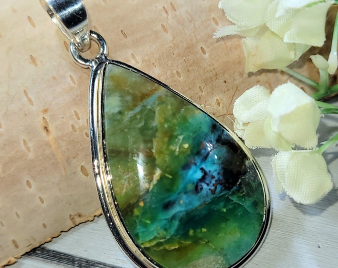 Blue Opal Pendant, Petrified Wood Pendant, .925 Sterling Silver Blue Opalized Petrified Pendant, Sterling Silver Blue Opal Pendant