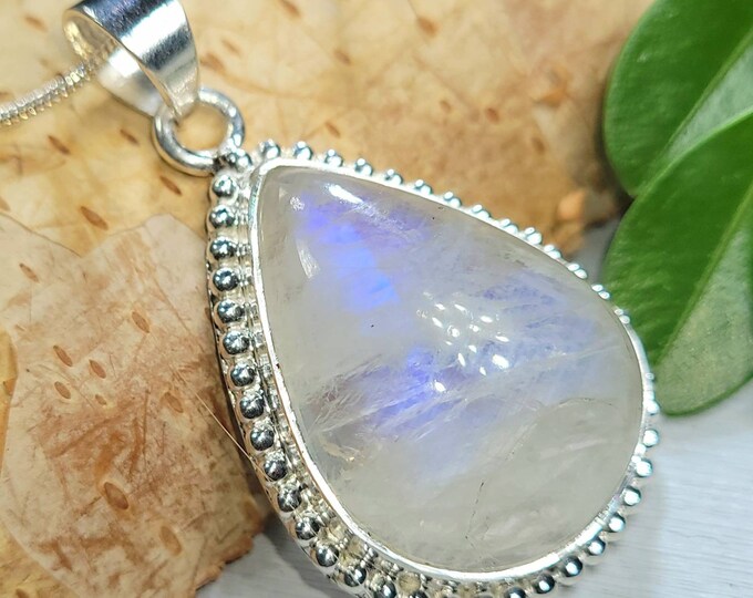 Natural High Quality Blue Flash Rainbow Moonstone Pear Handmade .925 Sterling Silver Pendant 1 3/4" x 1" 11 Grams DC45