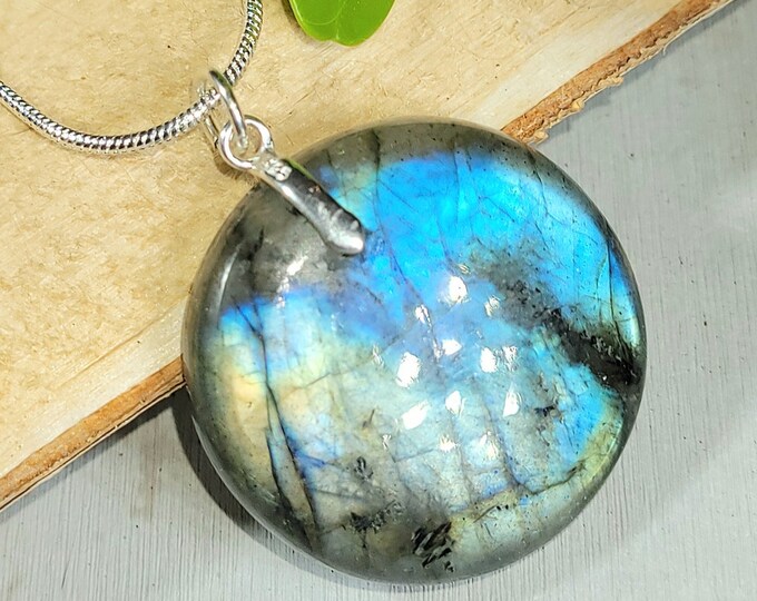 Natural Top Grade Multi Flash Labradorite Round Cabochon  .925 Sterling Silver Pendant 1 1/2" x 1" EH04