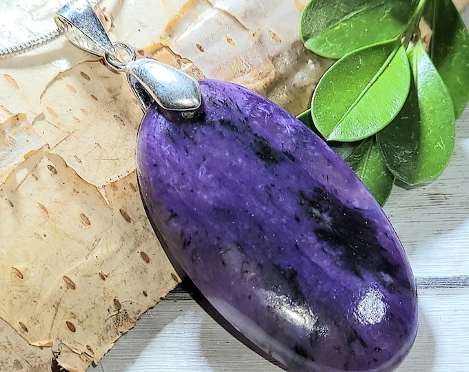 Natural Deep Purple Charoite Oval Cabochon .925 Sterling Silver Pendant 2" x 13/16" AE27 Solid Sterling Silver Bail