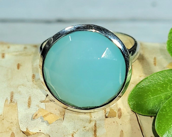 Natural High Quality Checkerboard Cut Blue Chalcedony .925 Sterling Silver Ring Size 6 4 Grams 5/8" Round EY33