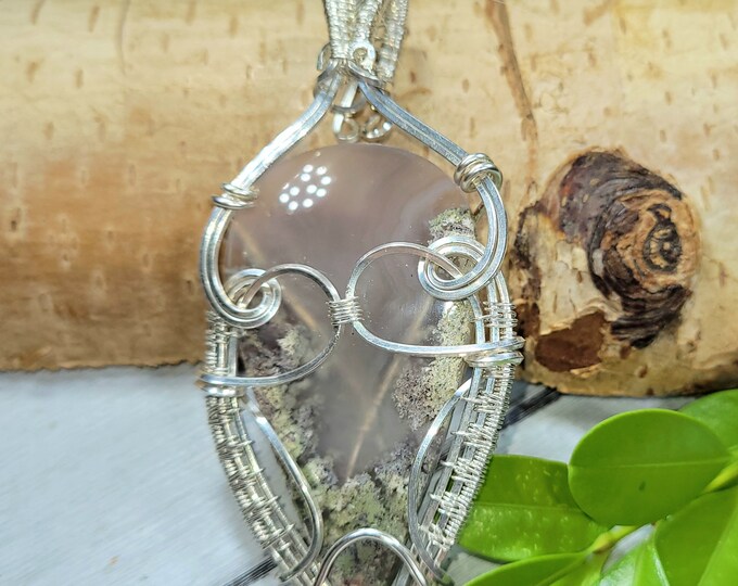Moss Agate Pendant, Wire Wrapped Moss Agate Sterling Silver Pendant, Solid Sterling Wire wrapped, Gift for Her, Statement Pendant, FE13