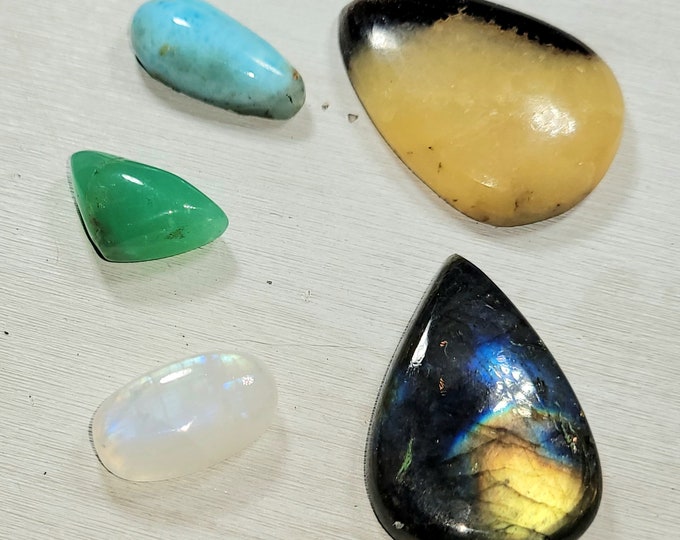 Natural Labradorite, Chrysoprase, Moonstone, Yellow Septarian & Larimar 90ct Cabochons Mixed Lot 5 Stone Wire Wrap, Weaving AS16