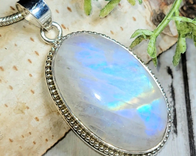 Moonstone Pendant, Rainbow Moonstone Oval Cabochon Sterling Silver Pendant, Multi Color Flash, Gift for Her, Handmade Pendant, HD42