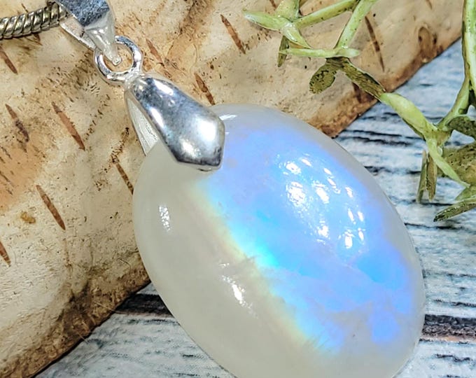 Moonstone Pendant, Multi Flash Moonstone Oval Cabochon Sterling Silver Pendant, Gift for Her, Handmade Moonstone Pendant, HT21