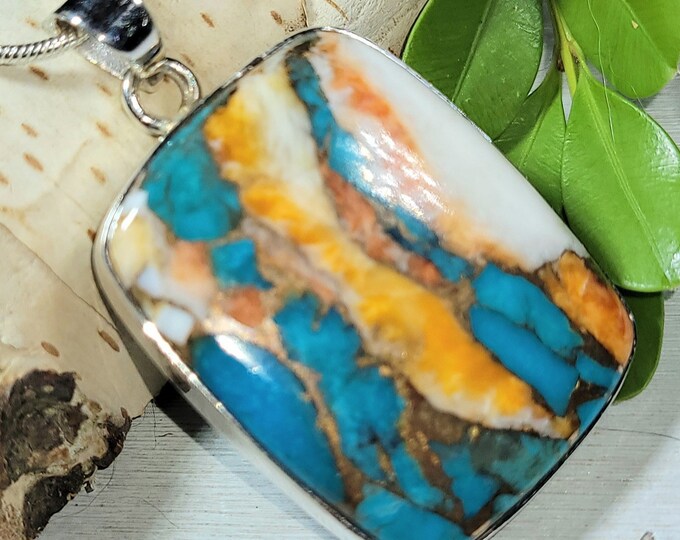 Natural AAA Spiny Oyster Turquoise Handmade .925 Sterling Silver Pendant 1 3/4" x 1" 13 Grams EN14