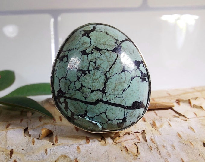 Tibetan Turquoise Sterling Silver Ring, Turquoise Boho Ring, Statement Ring; Handmade Ring, Quality Ring Size 6 1/2 GT